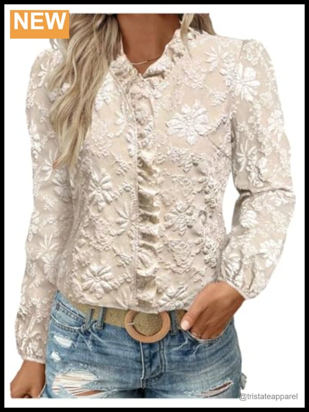 Women's Floral Jacquard Puff Sleeve Long Sleeve Mock Neck Blouse